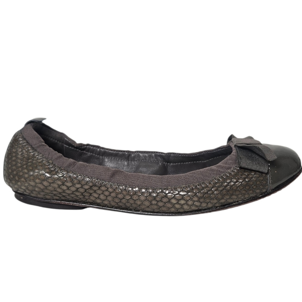 Tory Burch Snake-Effect Cap Toe Leather Ballet Flats Bow Gray 6.5 - Picture 4 of 9